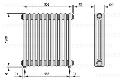 Схема (чертеж) Радиатор Zehnder Charleston 3120/11 №3570 Белый глянцевый RAL 9016